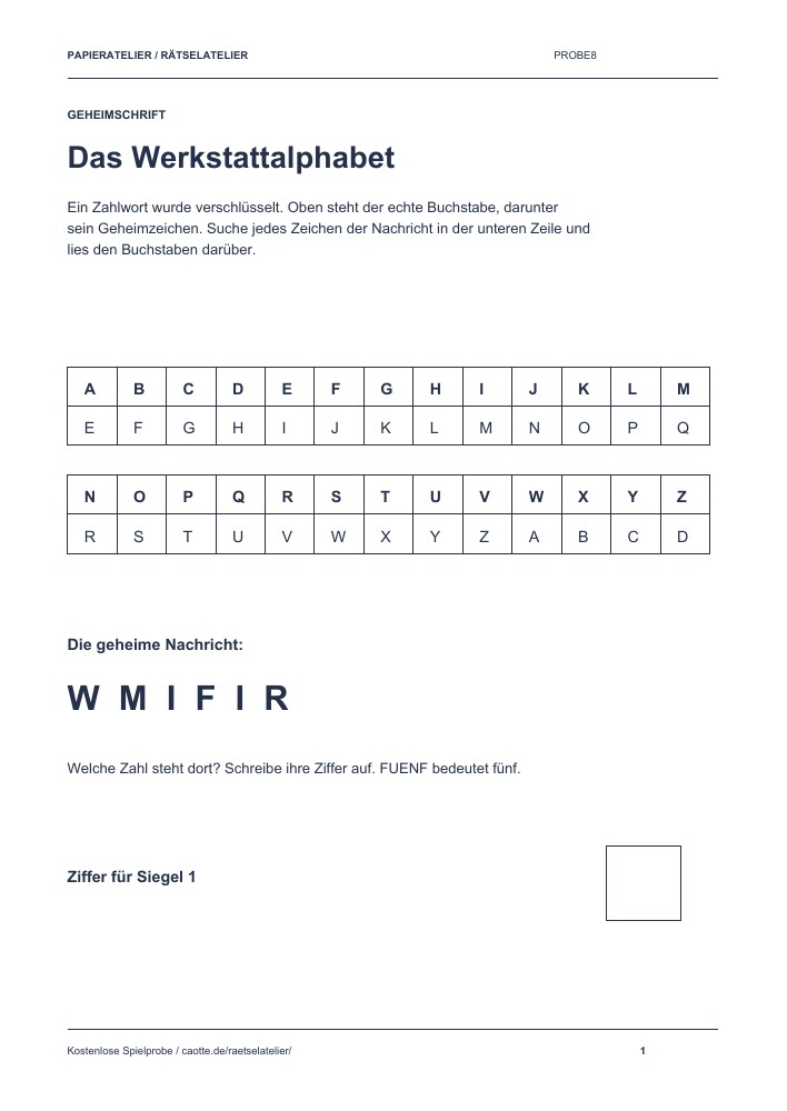 Spielblatt Das Werkstattalphabet: Buchstabentabelle, Geheimschrift und freies Lösungsfeld